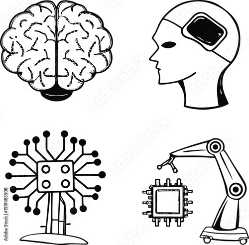 Artificial Intelligence and Robotics A Black and White Conceptual Illustration