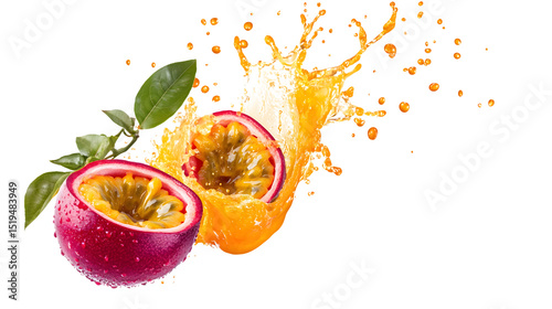 Vibrant Red Passion Fruit with Splash of Fresh Passionfruit Juice in Motion