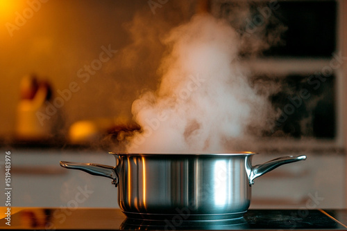 Close-up of boiling water creating steam in a kitchen setting