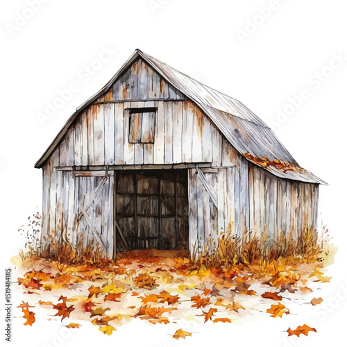watercolor vector of Barn Surrounded By Leaves, high quality, isolated on a white background.