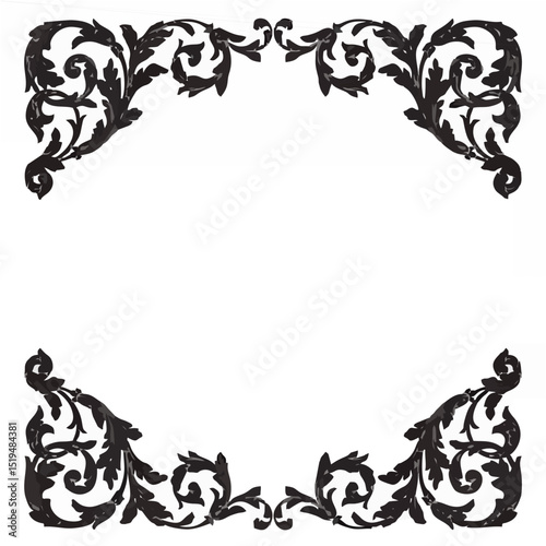 elaborate floral swirl pattern, ornate flourish design, vintage decorative frame, ornamental border, detailed scroll work, high contrast black and white, engraved illustration style
