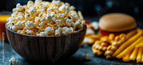 Delicious bowl of popcorn surrounded by fast food favorites like burgers and fries
