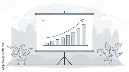 A business data presentation on a flip chart. The graph shows positive dynamics, indicating the successful development of the company