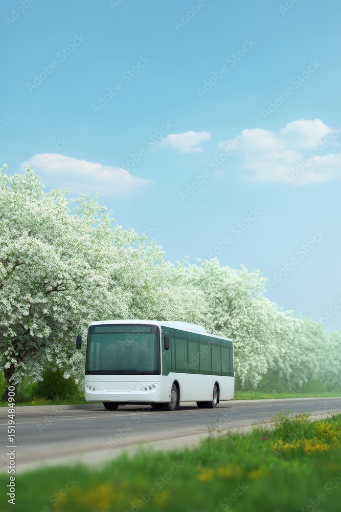 Fototapeta premium Bus passing blooming spring trees, Electric school bus