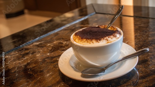 A cup of cappuccino with chocolate powder on top, creating an elegant and sophisticated coffee drink
