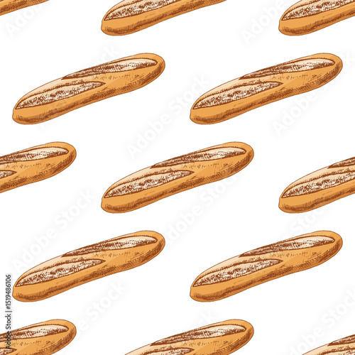 Hand drawn vintage seamless pattern of baguette in engraving style, colorful version on white background for bakery use