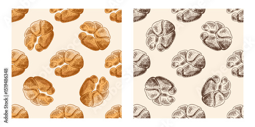Hand drawn vintage seamless pattern of croissant pastry in engraving style, colored version on beige background