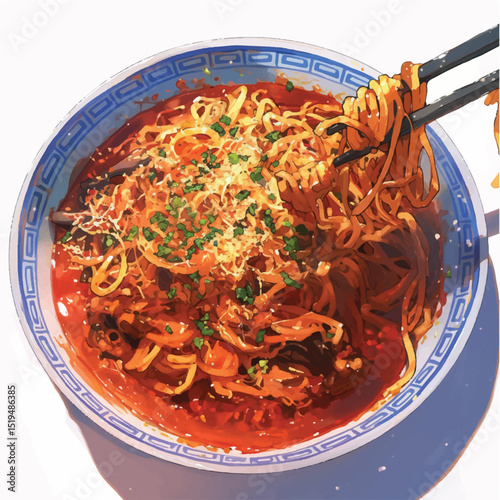 Delicious Spicy Noodles in a Bowl A Culinary Illustration