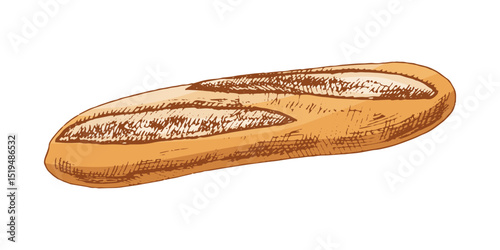 Hand drawn vintage sketch of french baguette bread in engraving style, isolated vector illustration in warm color tones