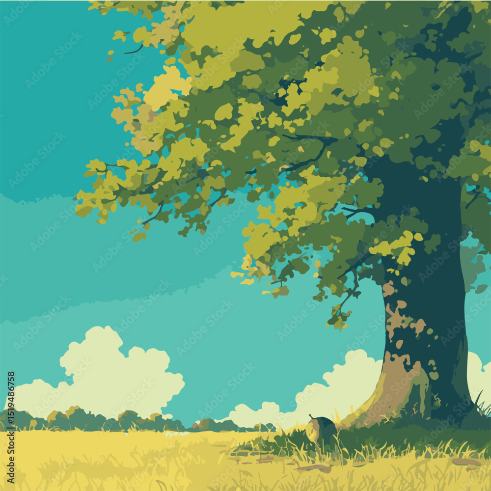 Fototapeta premium Serene Summer Landscape Majestic Tree in a Sunlit Meadow