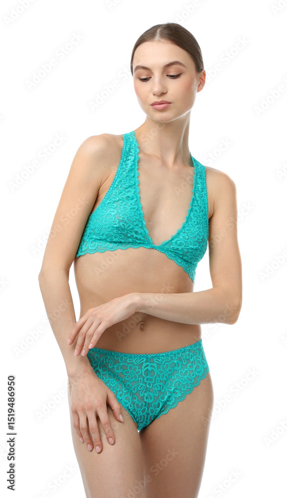 Fototapeta premium Woman wearing beautiful underwear on white background