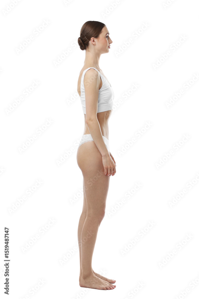 Fototapeta premium Woman wearing beautiful underwear on white background