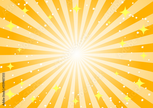 キラキラと紙吹雪の入ったかわいいオレンジ色のサンバーストの背景　ベクター素材	
