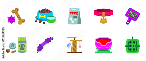 Pet accessories icon set. Collection of pet accessories including collar, toy, bowl and food vector illustration. Animal care and grooming tools colored symbols. Cat and dog shop colorful signs.