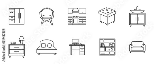 Furniture icon set. Outline collection of modern home furnishings including chair, table, sofa, bed and lamp vector illustration. Interior design and decor elements line symbols.