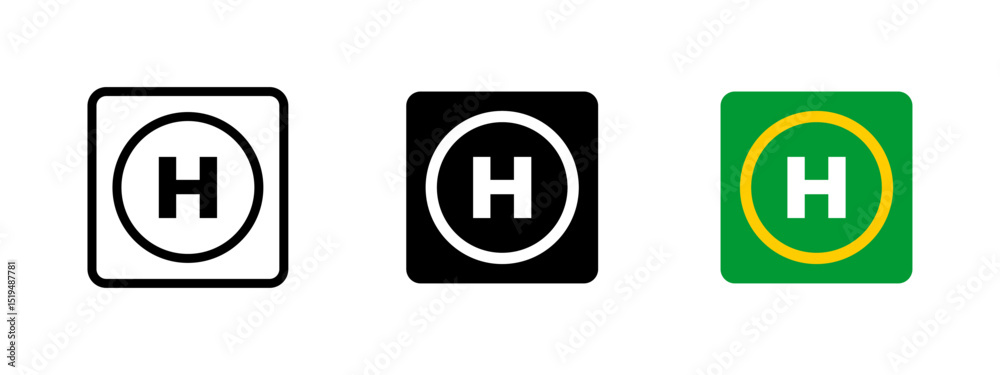 Helipad icon. Bold capital H centered within a solid circle vector illustration. Helicopter landing zone and aviation transport symbol. Emergency airfield and heliport sign. Helipad icon. Bold capital H centered within a solid circle vector illustration. Helicopter landing zone and aviation transport symbol. Emergency airfield and heliport sign.