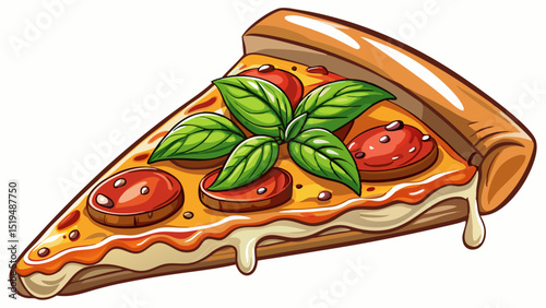 Thin crust slice with tomato sauce, melted mozzarella, and fresh basil, captured in crisp close-up on white background, showcasing Italy’s fast-food elegance with bright color and simple ingredients.
