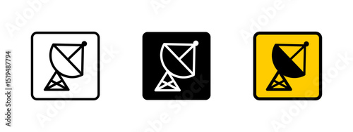 Satellite icon. Parabolic dish antenna emitting signal waves vector illustration. Wireless communication and data transmission symbol. Broadcast network and telecom sign.