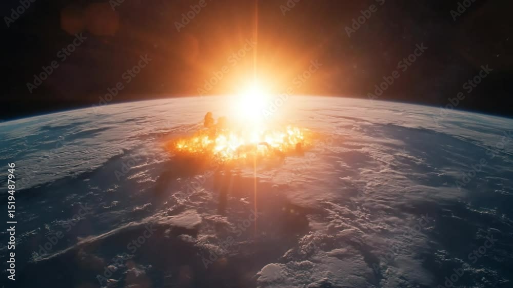 Apocalyptic Meteor Strike on Earth Animation, Catastrophic Event View from Space
