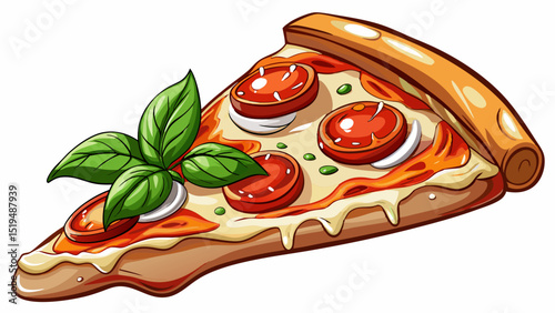 Thin crust slice with tomato sauce, melted mozzarella, and fresh basil, captured in crisp close-up on white background, showcasing Italy’s fast-food elegance with bright color and simple ingredients.

