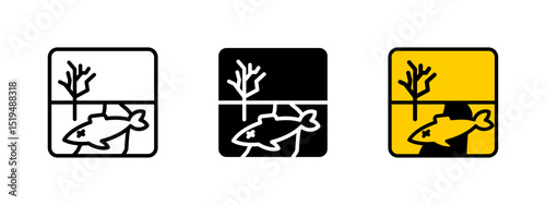 Pollution hazard sign icon. Dead fish floating in contaminated water indicating environmental hazard vector illustration. Symbol of ecological disaster and toxic contamination sign.