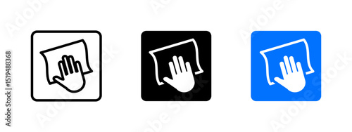 Wipe hand cleaning icon. Hand using cloth to clean and disinfect surface vector illustration. Hygiene and sanitation symbol. Maintenance and cleanliness process sign. Safety procedure pictogram.