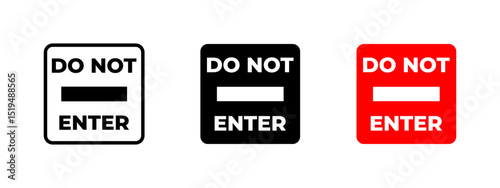Stop icon. Do Not Enter text with white horizontal bar in red square vector illustration. Used for restricted areas and road entry prevention symbol. Access control and danger warning sign.
