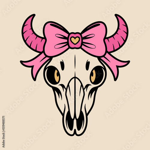 Cute cow skull with pink bow and horns illustration