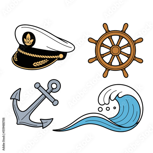 Nautical Elements Set with Captain Hat Anchor Wheel and Wave