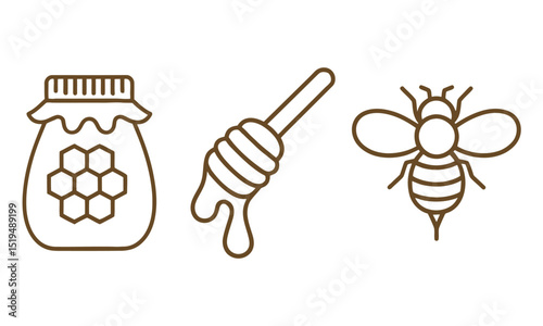 Honey Jar, Dipper, and Bee Outline Icons Set, vector illustration