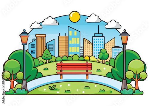 Cartoon urban landscape with city buildings, trees, and sky
