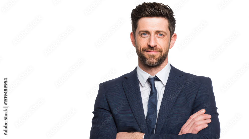 Business professional in a suit, smiling confidently with arms crossed, isolated on a white background. Business professional in a suit, smiling confidently with arms crossed, isolated on a white background.