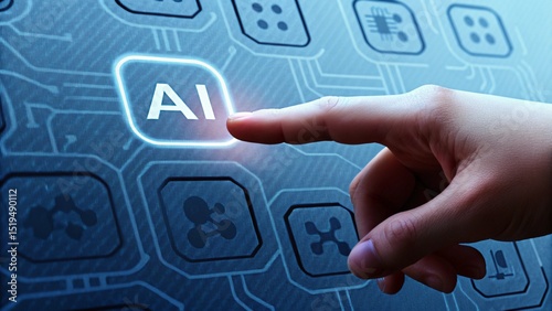 A hand pointing at a glowing icon labeled 