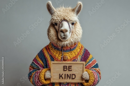 A stylish llama in a vibrant sweater holding a message board saying 