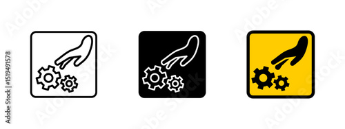 Service icon. Hand reaching towards gears vector illustration. Represents manual adjustment and maintenance symbol. Industrial equipment control sign. Mechanical repair pictogram.