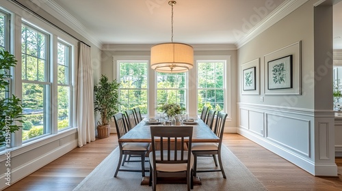 Beautiful colonial-style dining room interior with modern custom decor in a New England home.