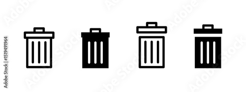 Trash bin icon. Classic garbage container with vertical lines and handle lid vector illustration. Symbol of waste disposal and cleanup. Remove and recycle sign. Rubbish control pictogram.