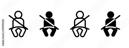 Seatbelt icon. Person sitting with fastened diagonal and lap belt vector illustration. Vehicle safety and passenger protection symbol. Secure driving requirement sign. Auto safety pictogram.