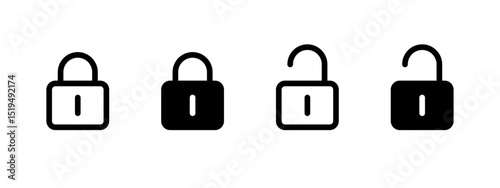 Lock icon. Closed and open padlock symbols representing secured and unsecured states vector illustration. Privacy and access control interface element symbol. Data security sign. Encryption pictogram.