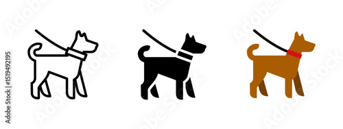 Dog icon. Standing dog on a leash with collar vector illustration. Symbol of pet walking, obedience or domestic animal handling sign. Suitable for parks or public area pictogram.