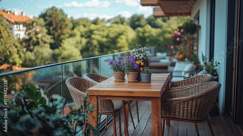 Beautiful balcony with wooden table, cozy chairs, and potted flowers, creating a relaxing outdoor retreat