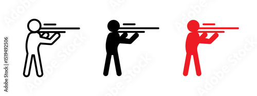 Shooting icon. Person aiming with rifle and firing bullets vector illustration. Firearm training or combat activity symbol. Military, sport or hunting action sign. Gunman targeting pictogram.