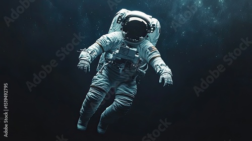 Astronaut in a white space suit floating against a deep black background, representing exploration and discovery.