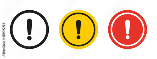 Attention icon set vector. Exclamation mark graphic. Caution warning sign for safety hazard awareness.