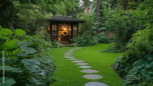 Beautiful garden with stone pathway leading to charming garden office nestled among lush greenery