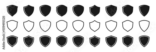 Protection shield icon set vector. Ideal for logo, crest, badge, symbol, emblem, etc. design projects. Protective security shapes silhouette for quality, safety, defense, and certification visuals.
