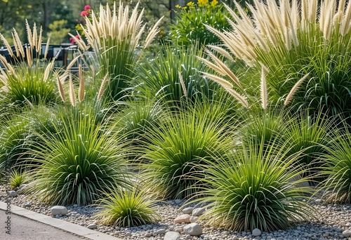 ornamental garden grasses with white plumes and stone-covered ground