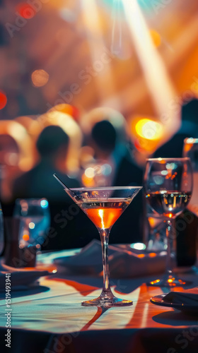 Close-up of elegant cocktail glasses on a table in a festive nightlife setting. Captures the ambiance of celebration.