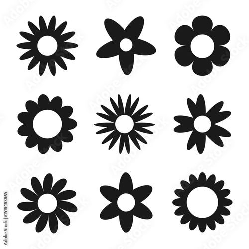 Chamomile and daisy silhouette vector collection. Elegant botanical flower icons. Black and white abstract minimal flower set. Vintage flower head, floral illustration for various applications.
