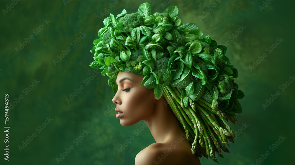 A woman is displayed in profile, featuring an elaborate hairstyle composed entirely of lush green vegetables A woman is displayed in profile, featuring an elaborate hairstyle composed entirely of lush green vegetables